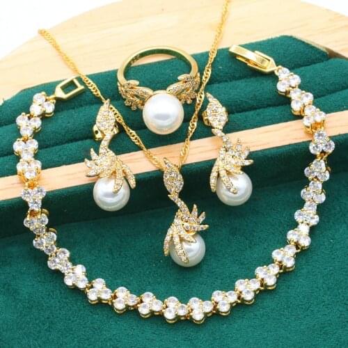 Wedding Gold Color Pearl Jewelry Set for Women Bride White Zircon Bracelet Earrings Necklace Pendant Ring Christmas Gift