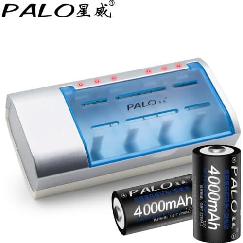 PALO Quick Smart Charger with 4 Slots for C/D/AA/AAA/9v Rechargeable Battery with Charging Flashing Display+2pcs C Size battery
