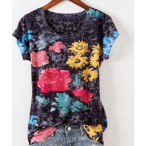 Plus size 5XL!2021 summer fashion diamond printed cotton t-shirt women short sleeve top tees