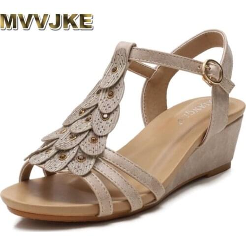 MVVJKE New Arrrival Women Wedges Shoes Women Black Buckle t-strap High Heel Sandals Leisure Fashion Outdoor Sandals
