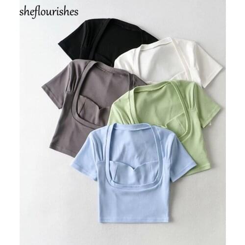 Vintage t shirt women korean short sleeve shirts solid square neck top knitted white t shirt casual fake two piece shirt women