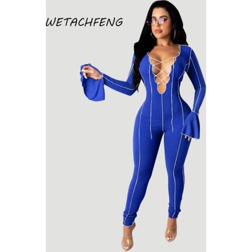 Womens Jumpsuit Sexy Lace Up Knit Flare Long Sleeve Bodysuit Skinny Ribbed Romper Outfits Overalls For Women One Piece Clothing
