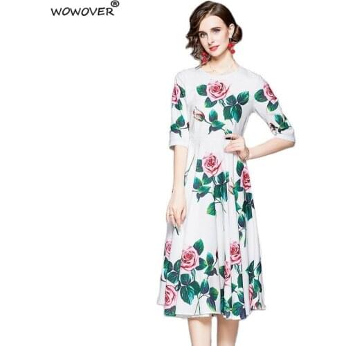 Summer Fashion Designer Floral Print Runway Dress 2021 Women High Quality Elegant Half Sleeve Flower Midi Holiday Party Vestidos