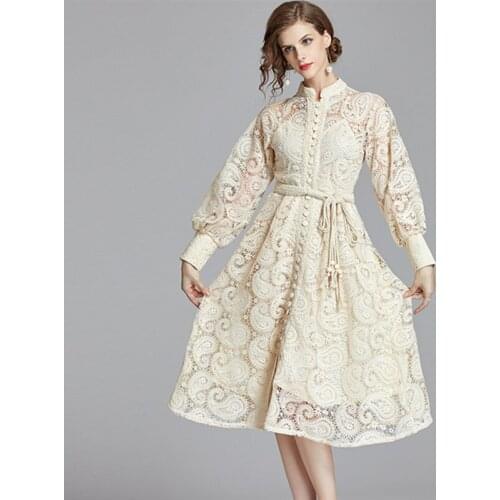 2021 Elegant Hollow Out Embroidered Women Dress Stand Neck Lantern Sleeve High Waist With Belt Midi Dresses Fashion Female S-2XL