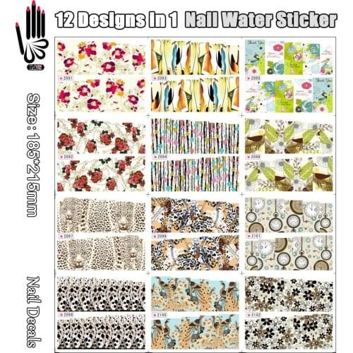 12 Sheets/Lot For Nail SY2091-2102 Full Cover Nail Mixed Watch Leaf Flower Nail Art Water Sticker Decal (12 DESIGNS IN 1)