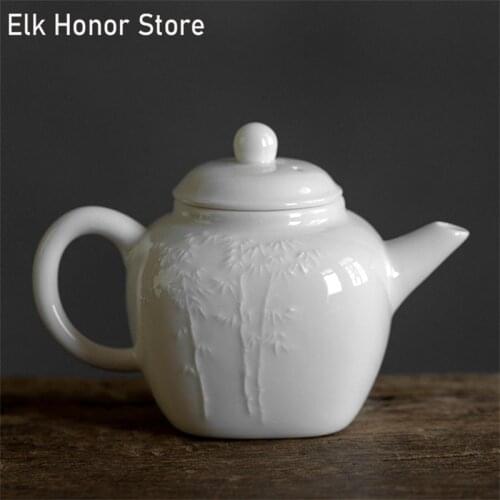 180ml Vintage Dehua White Pottery Relief Teapot Master Cup Handmade Carving Decorative Pattern Teakettle Milk Oolong Tea Teaset