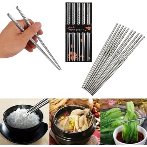 5 Pairs Stainless Steel Thread Chopsticks Set Portable Reusable Chopsticks Non-Slip Design Kitchen Home Dinner Tool