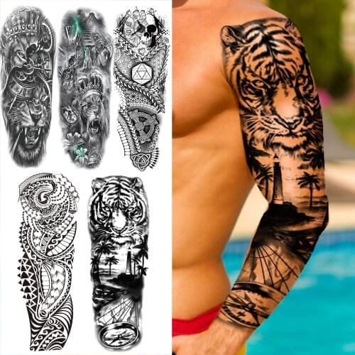 Large Tiger Forest Compass Temporary Tattoos Sleeve For Men Adult Maori Skull Lion Fake Tattoo Sticker Waterproof Full Arm Tatoo