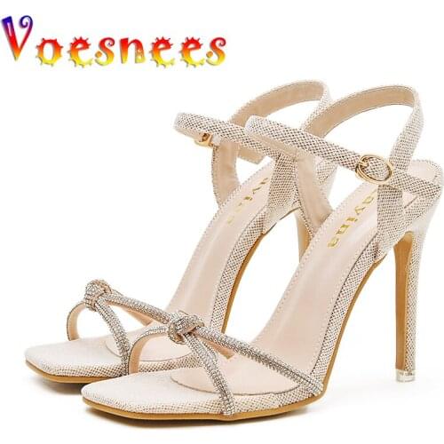 Women Shoes Summer Concise Buckle Strap Thin Heels Sandals High Quality Bling Bow Temperament High Heels Sexy Pole Dance Shoes
