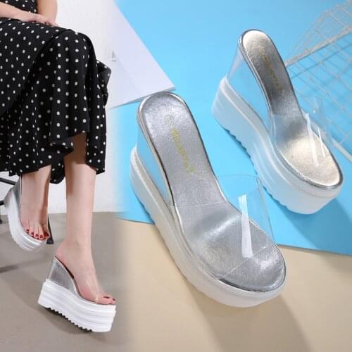 14cm Sexy Summer Women Clear Transparent Platform Wedges Sandals Ultra High Heels Wooded Mule slippers Shoes Outdoor Creepers