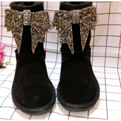 Bow rhinestone shiny leather cowhide snow boots Thick padded boots children cotton shoes large size classic tube x