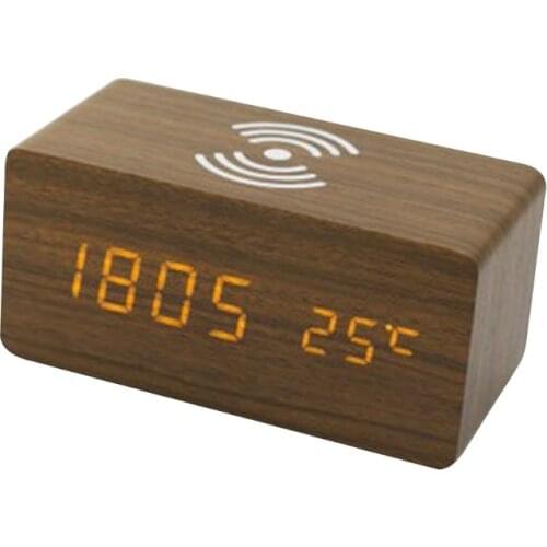 Digital Alarm Clock with Wireless Charging Bedroom Wood Electric LED Desk Clock U2JC