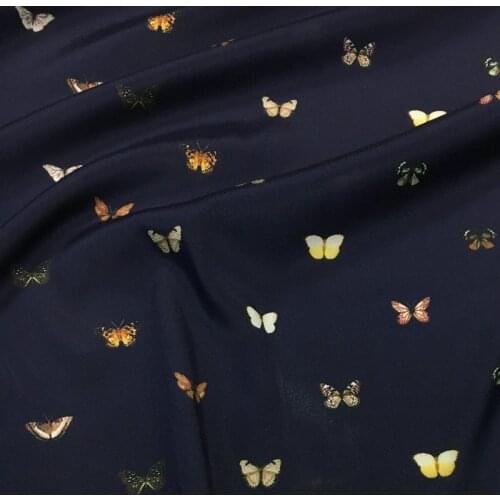 Colorful little butterfly printing navy blue elastic crepe de chine digital printing natural mulberry silk high fashion fabric