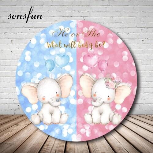 Round Elephant Blue Pink Baby Shower Photography Backdrop He Or She Boy Or Girl Circle Background Custom Plinth Covers Custom