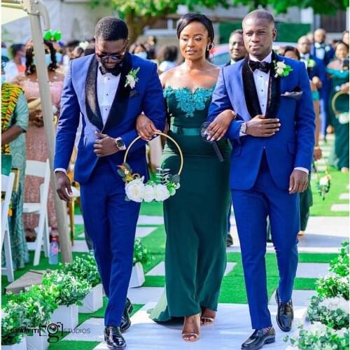 Customized Blue Groomsmen Tuxedos Slim Fit Two Pieces Party Suit Black Shawl Lapel Bestman Jacket