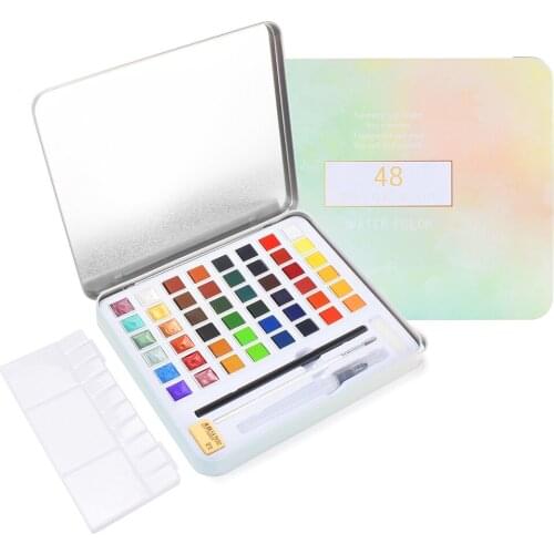 48 Colors Art Supplies Solid Watercolor Paint Set for Beginners Glitter Basic Water Color Pigment Kit with Painting Palette