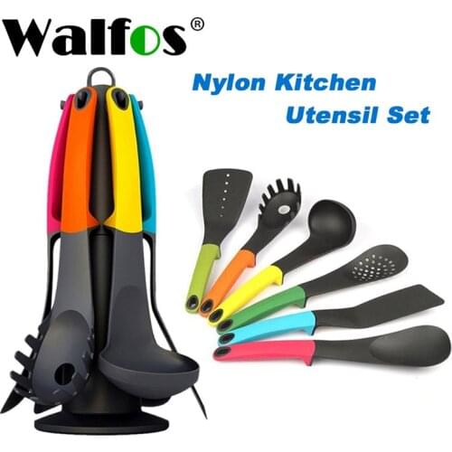 WALFOS 7 Pcs Utensil Set-Cooking Utensil Set NonStick Nylon Kitchen Utensil Set Cooking Spoon Kitchen Turner Spatula Soup Ladle
