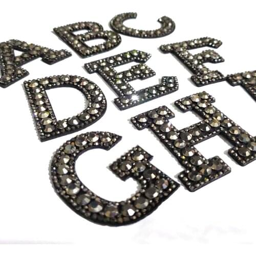 26 Letter Iron on Patches For Clothing Name Word Black Grey Rhinestone Crystal Sew-on Bling Badges DIY Jeans Bag Clothes Sticker