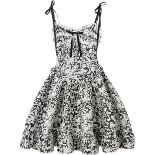 Sling princess dress female summer black Nice new embossed tea break French dress Embroidery Square Collar