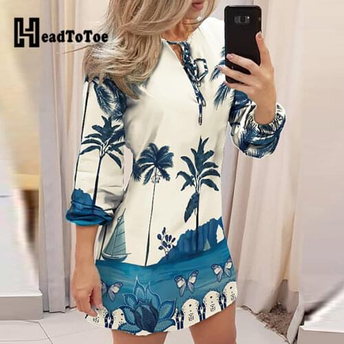 Tropical Print Tie Front Long Sleeve Dress