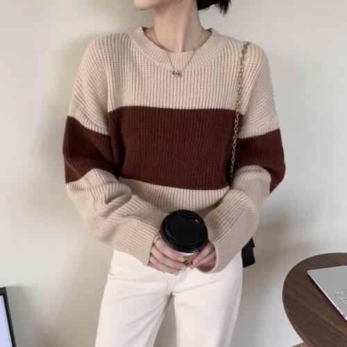 Striped sweater retro Hong Kong style female outerwear loose Korean style ins tide lazy style short knit sweater Sen-line jacket