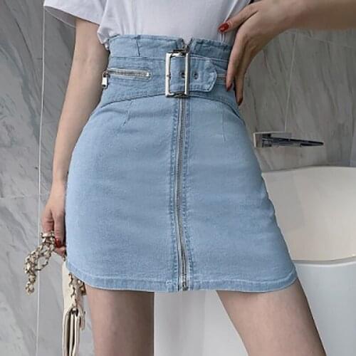 2020 New A-line High-waisted Package Buttock Women Summer One-step Skirts Slimming Collect Waist Zipper Lace-up Denim Skirt
