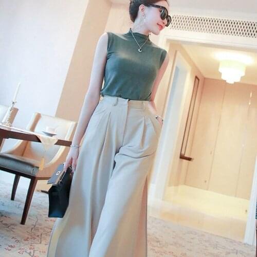 Women Sets Short Sleeve Simple Green T-Shirts Elastic Waist Wide Leg Pants Casual Loose Chic Korean Style Office Lady 2021 Y818