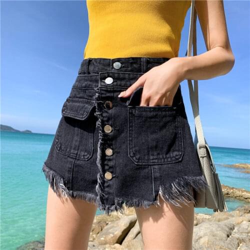 Vintage Plus Size S-5XL Shorts Skirts Womens High Waist A-line Tassel Denim Shorts Summer Loose Korean Saia Jeans Jupe f1006