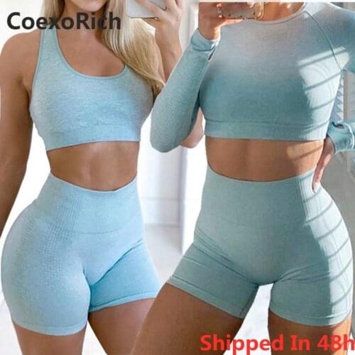 Women Yoga Set 2 Piece Vital Seamless Sport Suit Gym Clothes Fitness Crop Top Shirt High Waist Shorts Sleeveless Long Sleeve