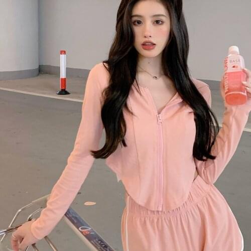 Summer Autumn Pink Sports Tracksuit Women Two Piece Outfit Long Sleeve Hooded Crop Top Casual Shorts Sets 2 Piece Set Outfits