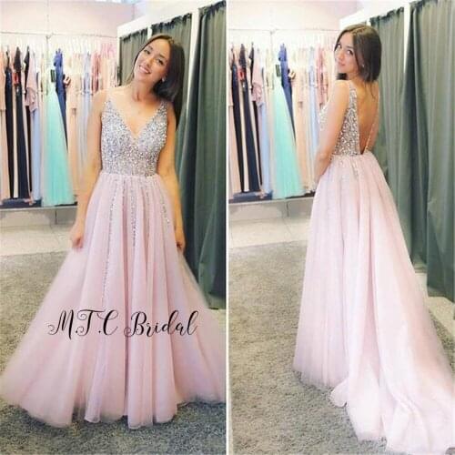 Luxury Beads Crystals Pink Evening Dress Backless A Line Floor Length Long Formal Occasion Dresses 2019 Custom Made Women Gowns