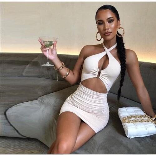 Solid Color Ruched Mini Dress Woman Low-cut Halter Open Waist Bag Hip Dresses Backless Bodycon Female Night Club Outfits