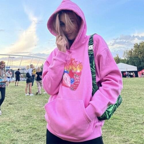 American Fashion Graphic Fruits Printed Y2K Aesthetic Pink Hoodies Autumn Thick Warm Pullover Sweatshirts Loose Hooded Tops