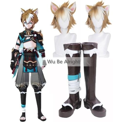 Genshin Impact Gorou Game Cosplay Black Shoes Boots Gorou Cosplay Wig Halloween Party Props For Unisex