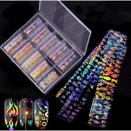 10Rolls/Bottle Holographic Laser Nails colorful laser flame pattern flower alphabet series Stickers Mix Pattern Manicure DIY New
