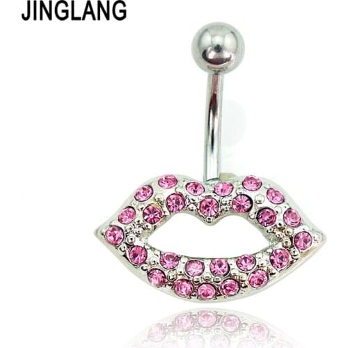 JINGLANG Fashion Belly Button Rings 316L Stainless Steel Barbell Pink Rhinestone Mouth Navel Piercing Jewelry Free Shipping