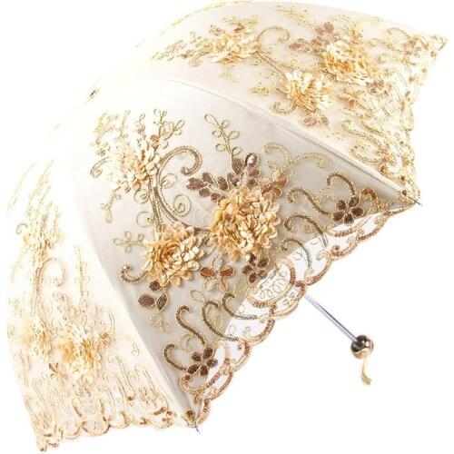 Lace UV Sun Parasol Folding 3D Flower Embroidery Umbrella Outdoor Parasol Summer Wedding Flower Umbrella