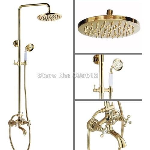 Gold Color Brass Bathroom 8" inch Shower Head Rainfall Shower Faucet Set with Dual Handles Tub Mixer tap Wall Mounted Wgf452