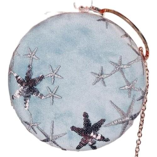 2020 hot women embroidery stars evening bags bling sequins round shaped clutch wallets wedding dinner bags with chain