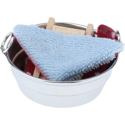Miniature Wash Tub with Clothes for 1/12 Dollhouse Laundry Room Accessories