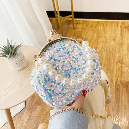 Fashion Sequin Crossbody Bags For Women 2021 New Lady Pearl Chain Handbags Shoulder Bag Luxury Design Wedding Party Shell Purses