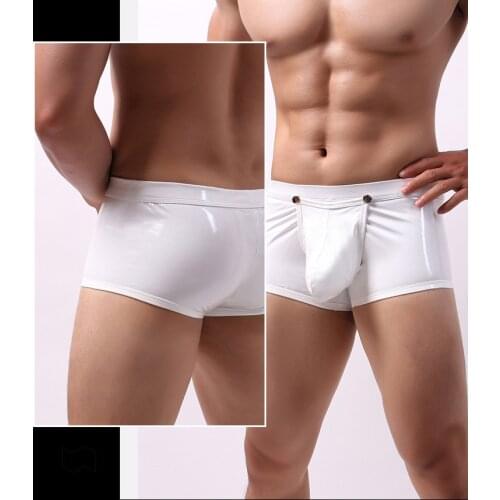 Soft PU Sexy Gay Underwear Open Butt Mens Faux Leather Boxershorts Wet Look Underpants Open Crotch Pouch Male Panties Gay Cueca