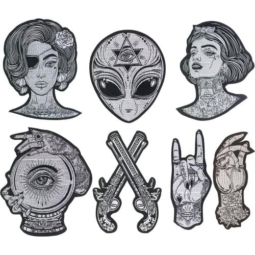 Guns Rose Beauty Girl Flower Applique Black White Embroidery Monster Eye Hand Finger Guesture Patch Iron on Sticker Badge 2pc