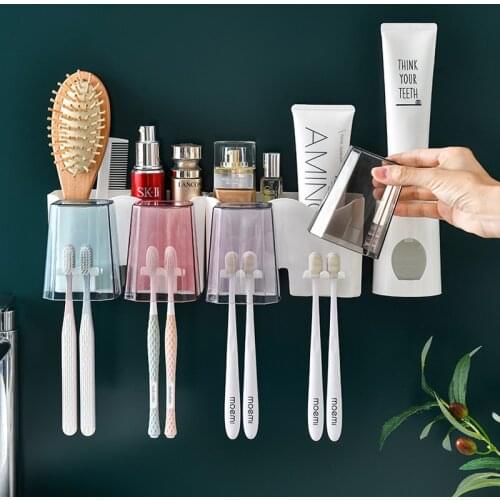 Wall Mounted Toothbrush Holder Set Multi-function Punch-free Toothpaste Dispenser Plastic Glass Cup Holder Bathroom Organizer