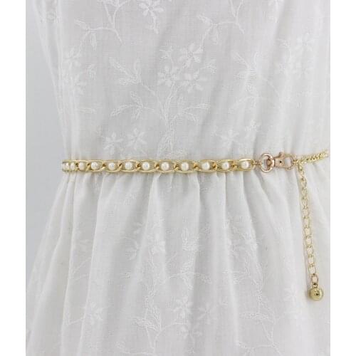 Fashion Imitation Pearl Beads Thin Waist Belt Elegant Ladies Metal Chain Slim Belt Women Waistband Strap Dress Accessories Adult