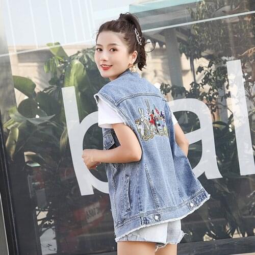 2020 new women denim vests BF loose plus size frayed cartoon embroidery sleeveless jeans jackets casual waistcoat JC191
