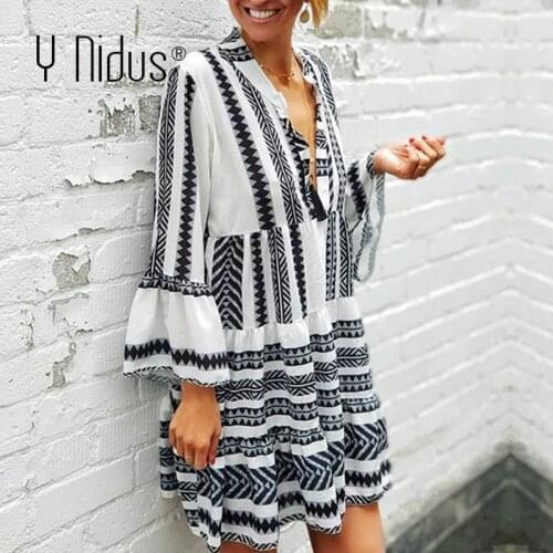 Y Nidus Summer Striped Dresses Mini Women 2019 Boho Autumn Party Short Beach Dress Casual V-Neck Loose Sundress femme Vestidos