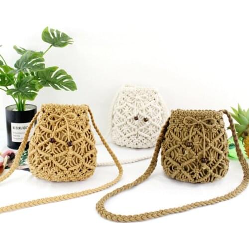 Casual Drawstring Straw Shoulder Bucket Bag Women Summer Handmade Woven Crossbody Beach Bags Shopping Purse Handbag Travel bag