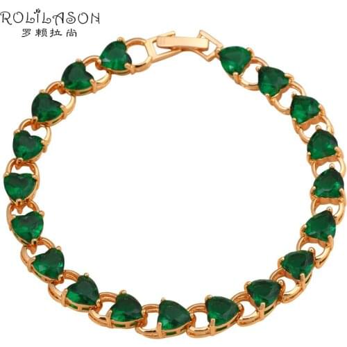 ROLILASON tasteful design Heart shape green crystal zircon golden Bracelets classic gift for women fashion jewelry TBS771