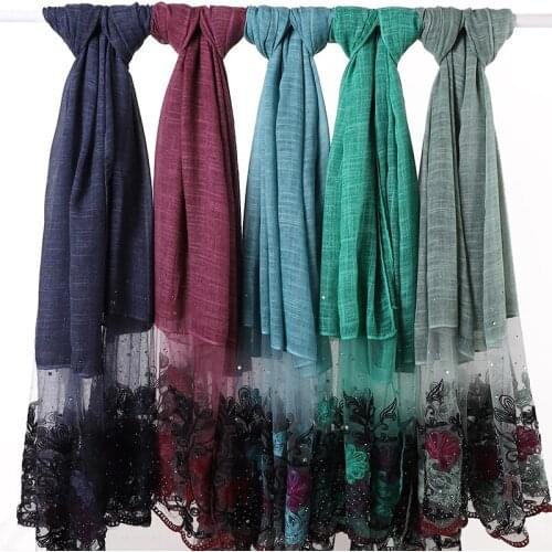 Luxury Flower Lace Hijab Cotton Plain Rhinestone Long Scarf Muslim Women Shawls Headband Islamic Turban Foulard 10pcs/lot